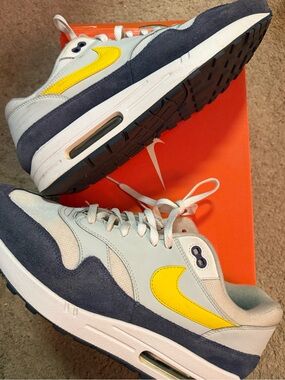 Nike Air Max 1 Blue Recall - White, Navy & Yellow Low-Top Sneakers